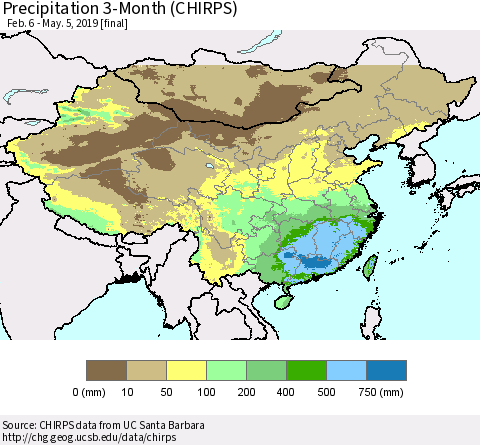 China and Taiwan Precipitation 3-Month (CHIRPS) Thematic Map For 2/6/2019 - 5/5/2019
