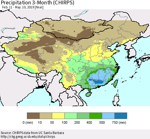 China and Taiwan Precipitation 3-Month (CHIRPS) Thematic Map For 2/11/2019 - 5/10/2019