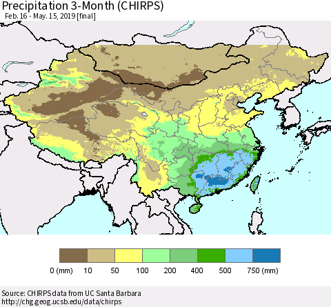 China and Taiwan Precipitation 3-Month (CHIRPS) Thematic Map For 2/16/2019 - 5/15/2019