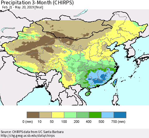 China, Mongolia and Taiwan Precipitation 3-Month (CHIRPS) Thematic Map For 2/21/2019 - 5/20/2019
