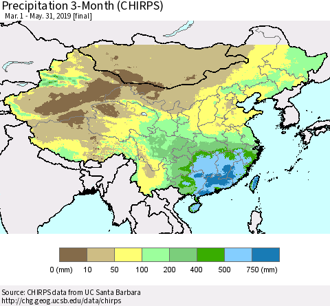 China and Taiwan Precipitation 3-Month (CHIRPS) Thematic Map For 3/1/2019 - 5/31/2019
