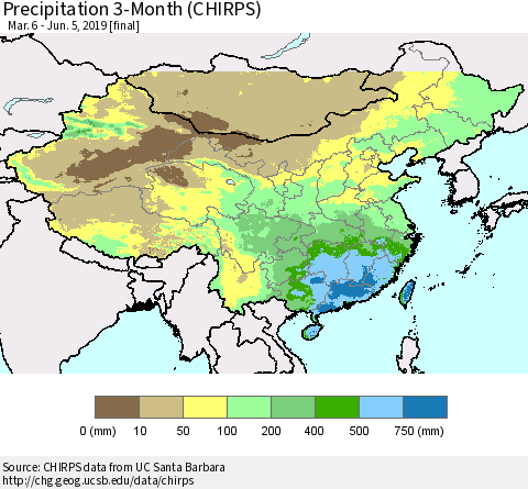 China and Taiwan Precipitation 3-Month (CHIRPS) Thematic Map For 3/6/2019 - 6/5/2019