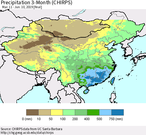 China, Mongolia and Taiwan Precipitation 3-Month (CHIRPS) Thematic Map For 3/11/2019 - 6/10/2019