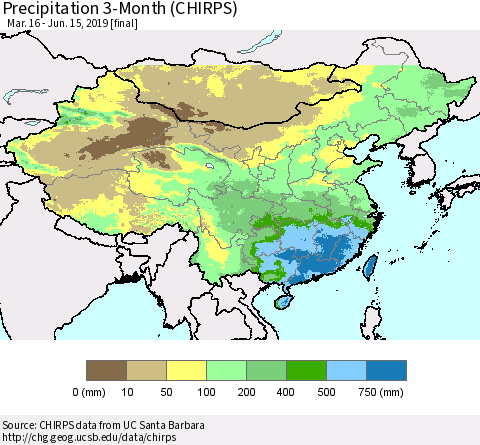 China and Taiwan Precipitation 3-Month (CHIRPS) Thematic Map For 3/16/2019 - 6/15/2019