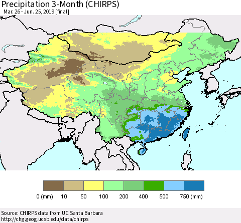 China and Taiwan Precipitation 3-Month (CHIRPS) Thematic Map For 3/26/2019 - 6/25/2019