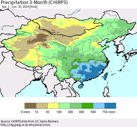 China, Mongolia and Taiwan Precipitation 3-Month (CHIRPS) Thematic Map For 4/1/2019 - 6/30/2019