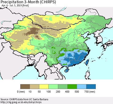 China and Taiwan Precipitation 3-Month (CHIRPS) Thematic Map For 4/6/2019 - 7/5/2019