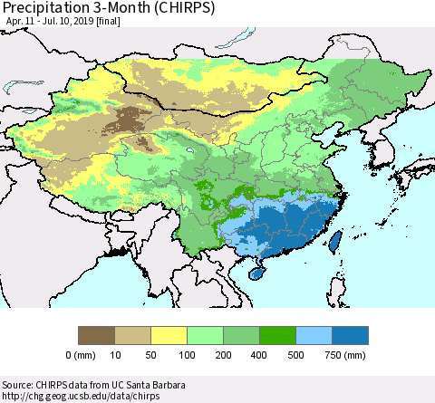 China, Mongolia and Taiwan Precipitation 3-Month (CHIRPS) Thematic Map For 4/11/2019 - 7/10/2019