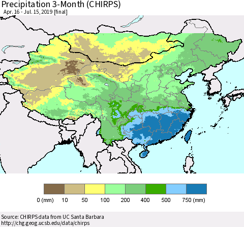 China and Taiwan Precipitation 3-Month (CHIRPS) Thematic Map For 4/16/2019 - 7/15/2019
