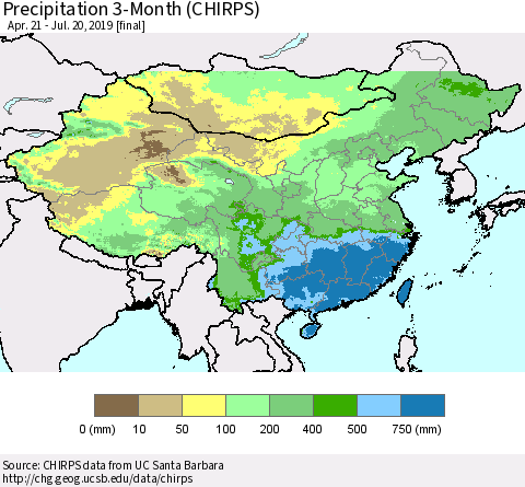 China and Taiwan Precipitation 3-Month (CHIRPS) Thematic Map For 4/21/2019 - 7/20/2019