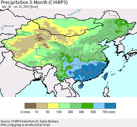 China and Taiwan Precipitation 3-Month (CHIRPS) Thematic Map For 4/26/2019 - 7/25/2019