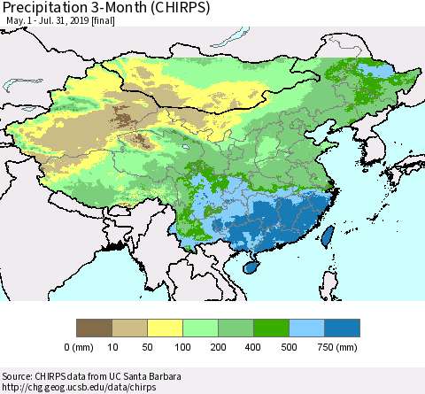 China and Taiwan Precipitation 3-Month (CHIRPS) Thematic Map For 5/1/2019 - 7/31/2019