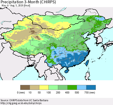 China, Mongolia and Taiwan Precipitation 3-Month (CHIRPS) Thematic Map For 5/6/2019 - 8/5/2019