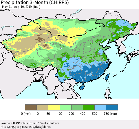 China and Taiwan Precipitation 3-Month (CHIRPS) Thematic Map For 5/11/2019 - 8/10/2019
