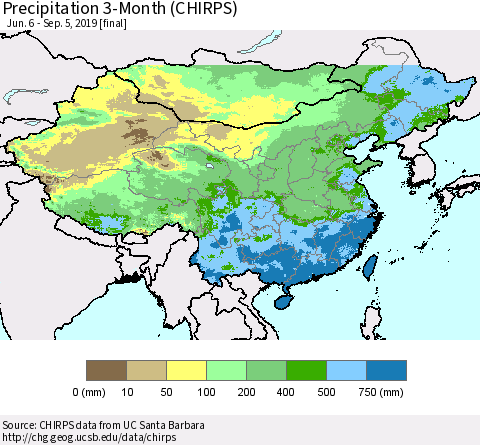 China and Taiwan Precipitation 3-Month (CHIRPS) Thematic Map For 6/6/2019 - 9/5/2019