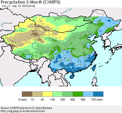 China and Taiwan Precipitation 3-Month (CHIRPS) Thematic Map For 6/11/2019 - 9/10/2019
