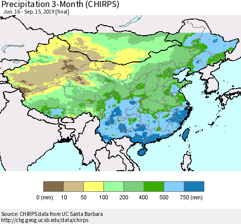China, Mongolia and Taiwan Precipitation 3-Month (CHIRPS) Thematic Map For 6/16/2019 - 9/15/2019