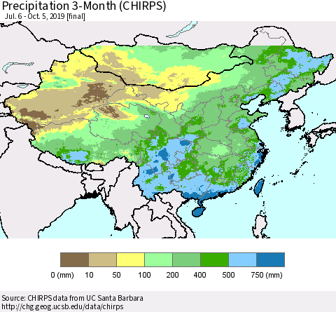 China and Taiwan Precipitation 3-Month (CHIRPS) Thematic Map For 7/6/2019 - 10/5/2019
