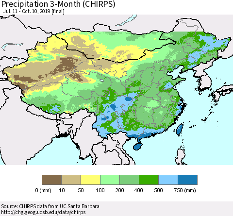 China, Mongolia and Taiwan Precipitation 3-Month (CHIRPS) Thematic Map For 7/11/2019 - 10/10/2019