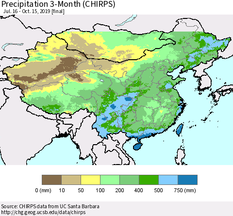 China, Mongolia and Taiwan Precipitation 3-Month (CHIRPS) Thematic Map For 7/16/2019 - 10/15/2019