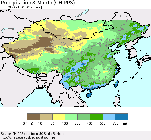 China and Taiwan Precipitation 3-Month (CHIRPS) Thematic Map For 7/21/2019 - 10/20/2019