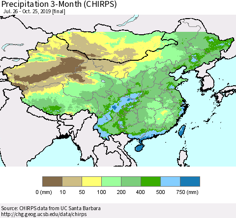China and Taiwan Precipitation 3-Month (CHIRPS) Thematic Map For 7/26/2019 - 10/25/2019