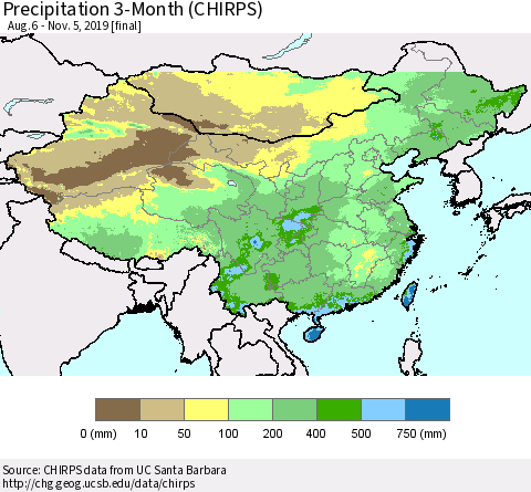 China, Mongolia and Taiwan Precipitation 3-Month (CHIRPS) Thematic Map For 8/6/2019 - 11/5/2019