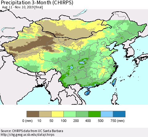 China and Taiwan Precipitation 3-Month (CHIRPS) Thematic Map For 8/11/2019 - 11/10/2019