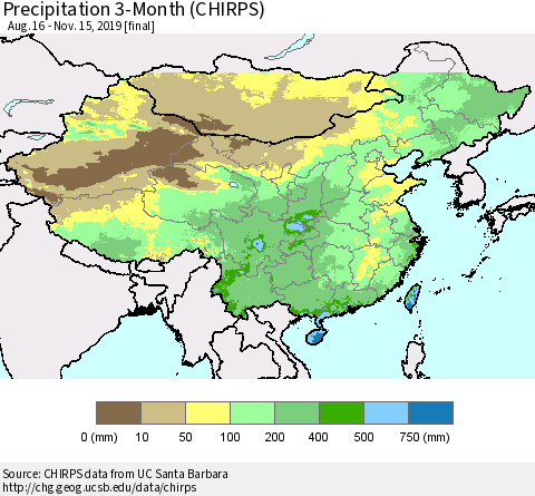 China, Mongolia and Taiwan Precipitation 3-Month (CHIRPS) Thematic Map For 8/16/2019 - 11/15/2019