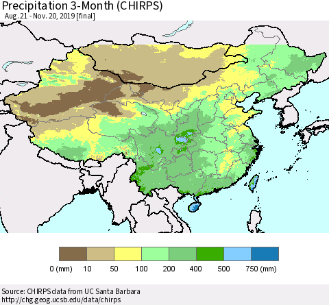 China and Taiwan Precipitation 3-Month (CHIRPS) Thematic Map For 8/21/2019 - 11/20/2019