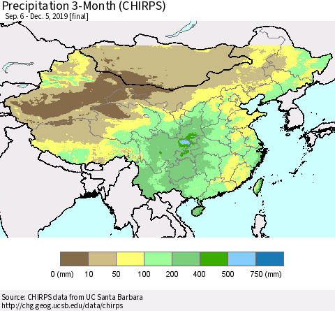 China and Taiwan Precipitation 3-Month (CHIRPS) Thematic Map For 9/6/2019 - 12/5/2019