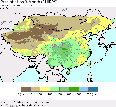 China, Mongolia and Taiwan Precipitation 3-Month (CHIRPS) Thematic Map For 9/11/2019 - 12/10/2019