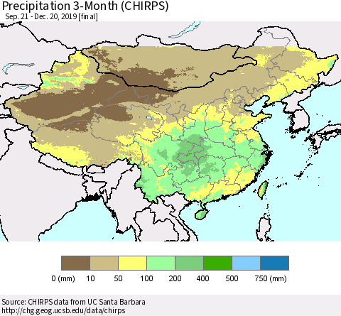 China and Taiwan Precipitation 3-Month (CHIRPS) Thematic Map For 9/21/2019 - 12/20/2019
