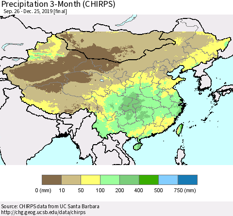 China and Taiwan Precipitation 3-Month (CHIRPS) Thematic Map For 9/26/2019 - 12/25/2019