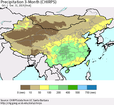 China and Taiwan Precipitation 3-Month (CHIRPS) Thematic Map For 10/1/2019 - 12/31/2019
