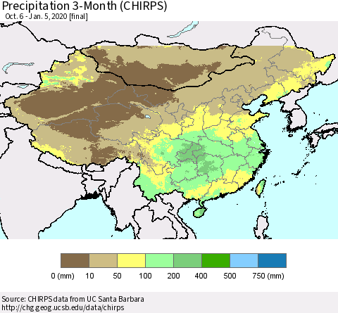 China and Taiwan Precipitation 3-Month (CHIRPS) Thematic Map For 10/6/2019 - 1/5/2020