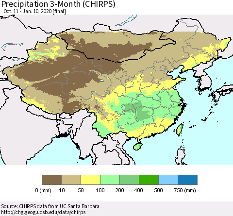 China, Mongolia and Taiwan Precipitation 3-Month (CHIRPS) Thematic Map For 10/11/2019 - 1/10/2020
