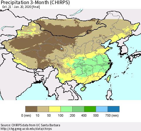 China and Taiwan Precipitation 3-Month (CHIRPS) Thematic Map For 10/21/2019 - 1/20/2020
