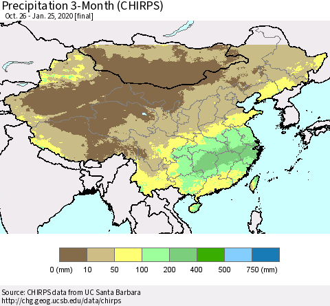 China and Taiwan Precipitation 3-Month (CHIRPS) Thematic Map For 10/26/2019 - 1/25/2020