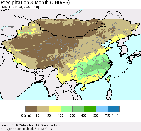 China, Mongolia and Taiwan Precipitation 3-Month (CHIRPS) Thematic Map For 11/1/2019 - 1/31/2020