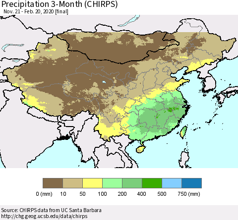 China, Mongolia and Taiwan Precipitation 3-Month (CHIRPS) Thematic Map For 11/21/2019 - 2/20/2020