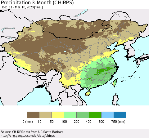 China, Mongolia and Taiwan Precipitation 3-Month (CHIRPS) Thematic Map For 12/11/2019 - 3/10/2020