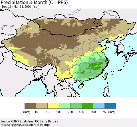 China, Mongolia and Taiwan Precipitation 3-Month (CHIRPS) Thematic Map For 12/16/2019 - 3/15/2020