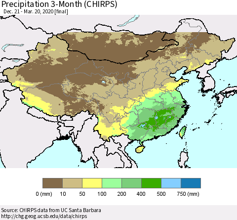 China, Mongolia and Taiwan Precipitation 3-Month (CHIRPS) Thematic Map For 12/21/2019 - 3/20/2020