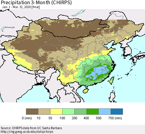 China, Mongolia and Taiwan Precipitation 3-Month (CHIRPS) Thematic Map For 1/1/2020 - 3/31/2020