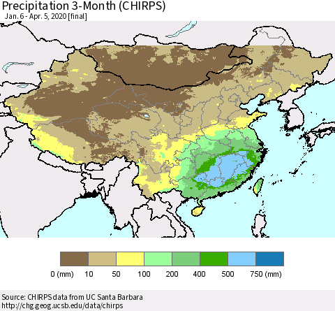 China, Mongolia and Taiwan Precipitation 3-Month (CHIRPS) Thematic Map For 1/6/2020 - 4/5/2020