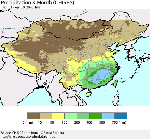 China, Mongolia and Taiwan Precipitation 3-Month (CHIRPS) Thematic Map For 1/11/2020 - 4/10/2020