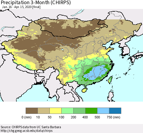 China, Mongolia and Taiwan Precipitation 3-Month (CHIRPS) Thematic Map For 1/16/2020 - 4/15/2020