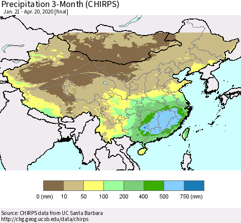 China, Mongolia and Taiwan Precipitation 3-Month (CHIRPS) Thematic Map For 1/21/2020 - 4/20/2020