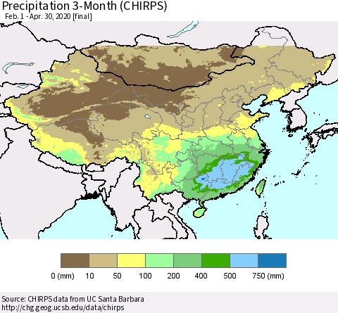 China, Mongolia and Taiwan Precipitation 3-Month (CHIRPS) Thematic Map For 2/1/2020 - 4/30/2020